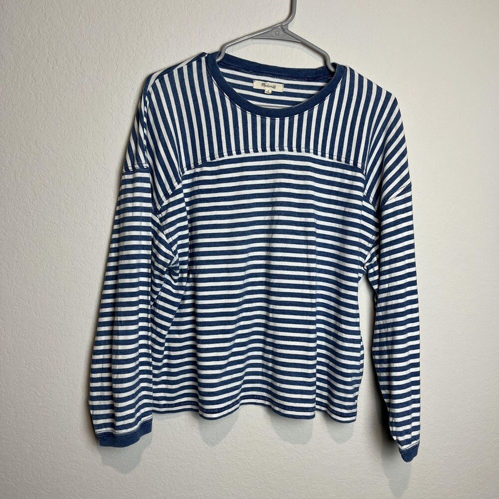 Madewell T-Shirt Womens Small Blue Stripe Crew Neck Long Sleeve Cotton Top